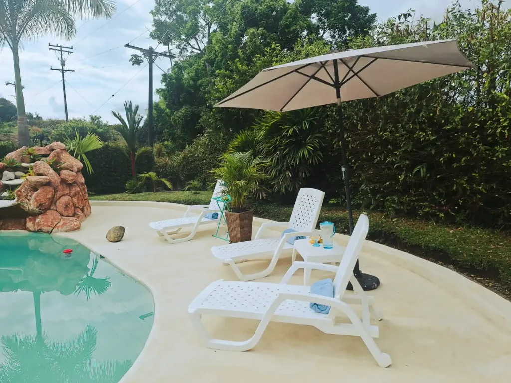 Zona de relajación con piscina, jardín exuberante y sillas de sol para hospedaje en Alcalá del Cauca.