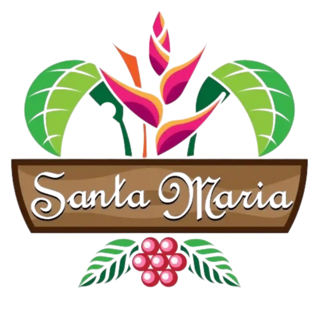 Logo de Santa Maria de la Sierra con flor tropical, hojas verdes y bayas rojas, ideal para finca vacacional.