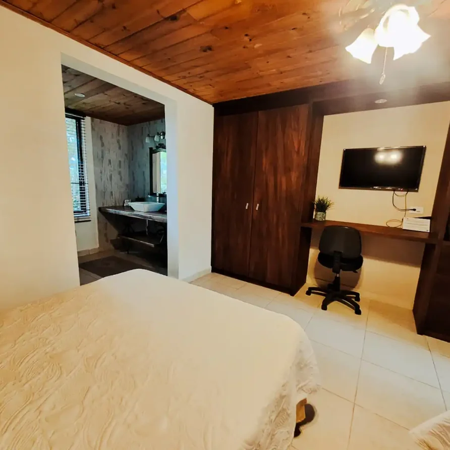Habitación Junior Suite cómoda en finca hotel Alcalá, Valle del Cauca, con cama, escritorio, TV y baño.