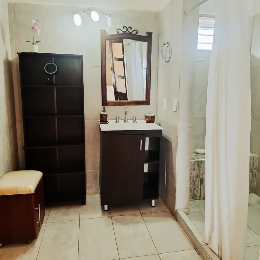 Alojamiento: baño equipado en habitación de hotel rural en Alcalá, con estantes y área de ducha.