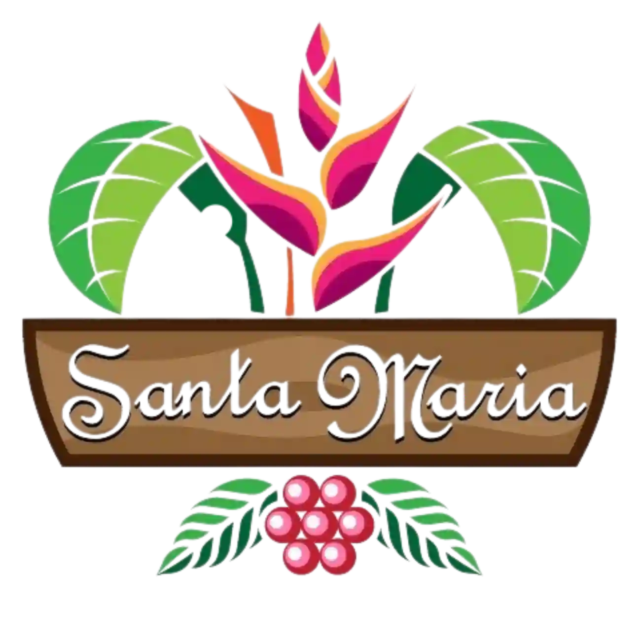 Logo de Santa Maria de la Sierra con flor tropical, hojas verdes y bayas rojas, ideal para finca vacacional.