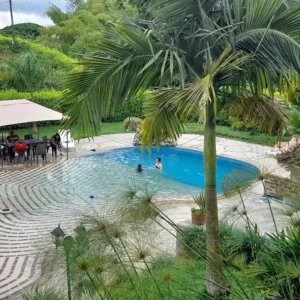 Piscina en finca tropical con palmeras y huéspedes en Alcala, Valle del Cauca, ideal para alojamiento.
